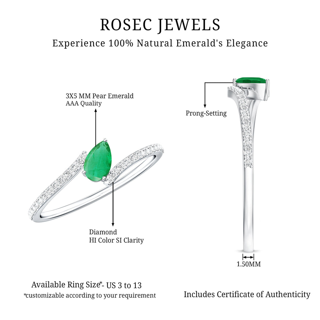 Emerald Promise Ring - Pear Shaped Diamond Bypass Ring With AAA Quality Emerald