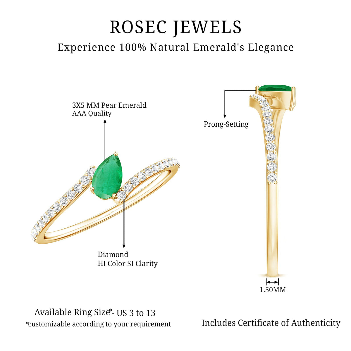 Emerald Promise Ring - Pear Shaped Diamond Bypass Ring With AAA Quality Emerald