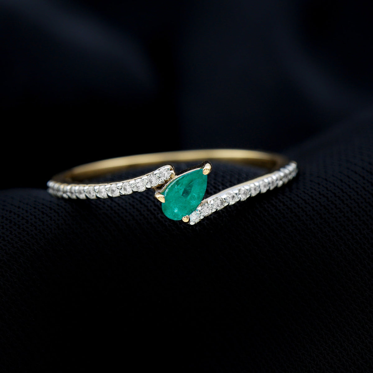 Emerald Promise Ring - Pear Shaped Diamond Bypass Ring With AAA Quality Emerald