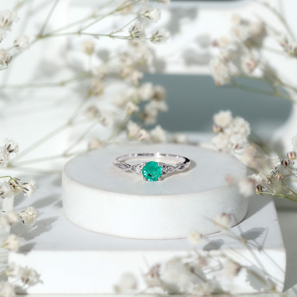 Emerald Promise Ring – Solitaire Round Cut Emerald with Celtic Band Design