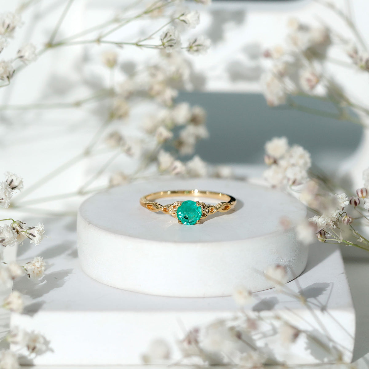 Emerald Promise Ring – Solitaire Round Cut Emerald with Celtic Band Design