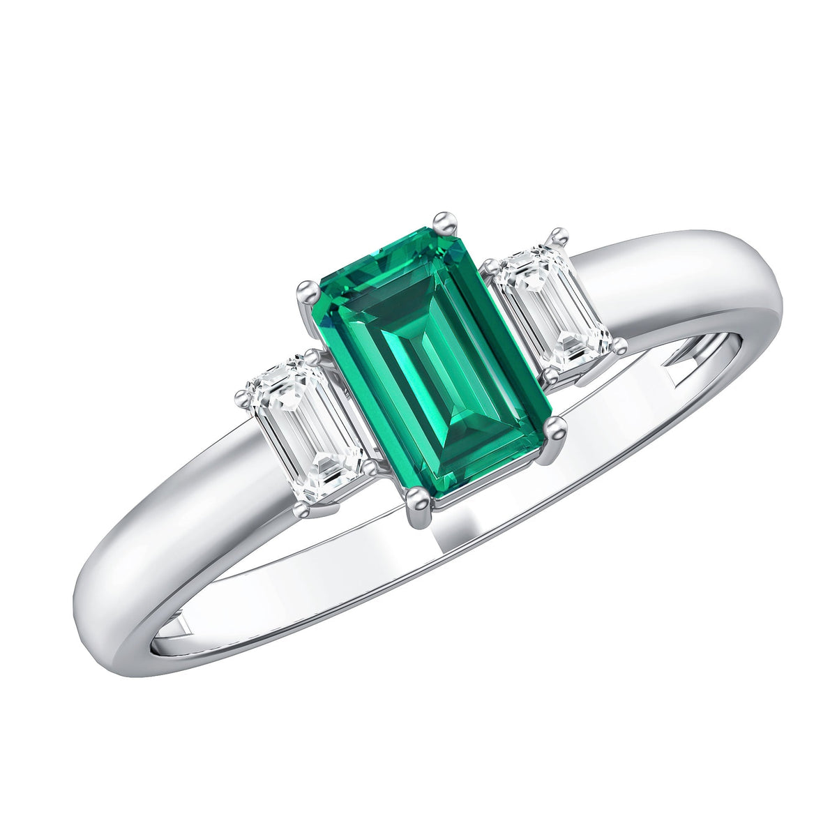 Emerald Promise Ring – Three Stone Ring with AAA Quality Emerald & Baguette Diamonds