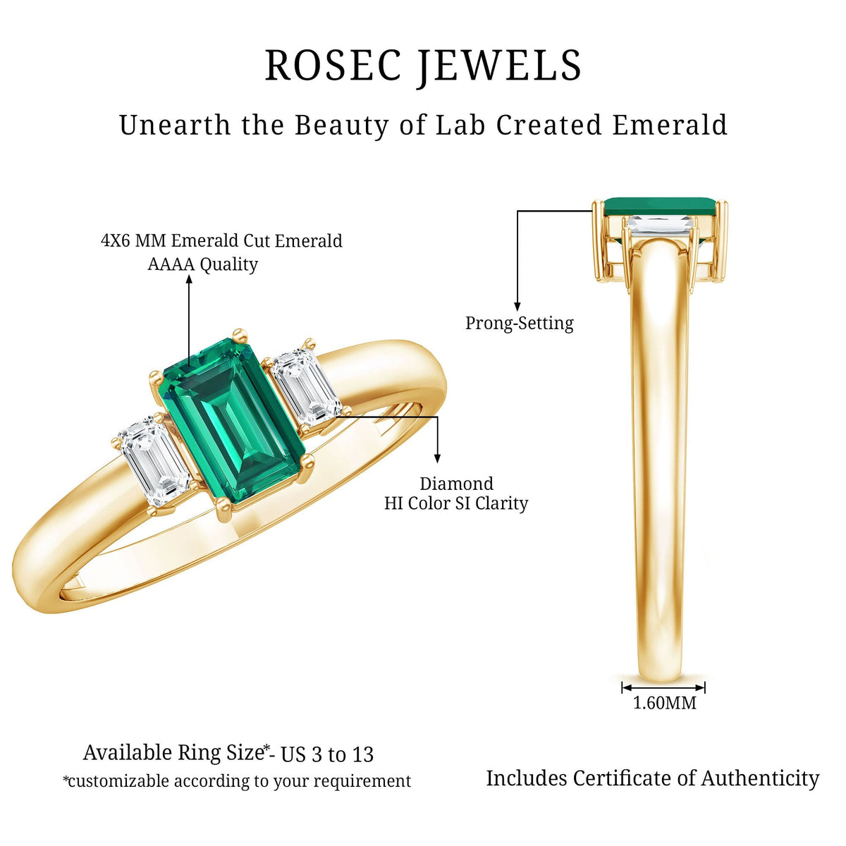 Emerald Promise Ring – Three Stone Ring with AAA Quality Emerald & Baguette Diamonds