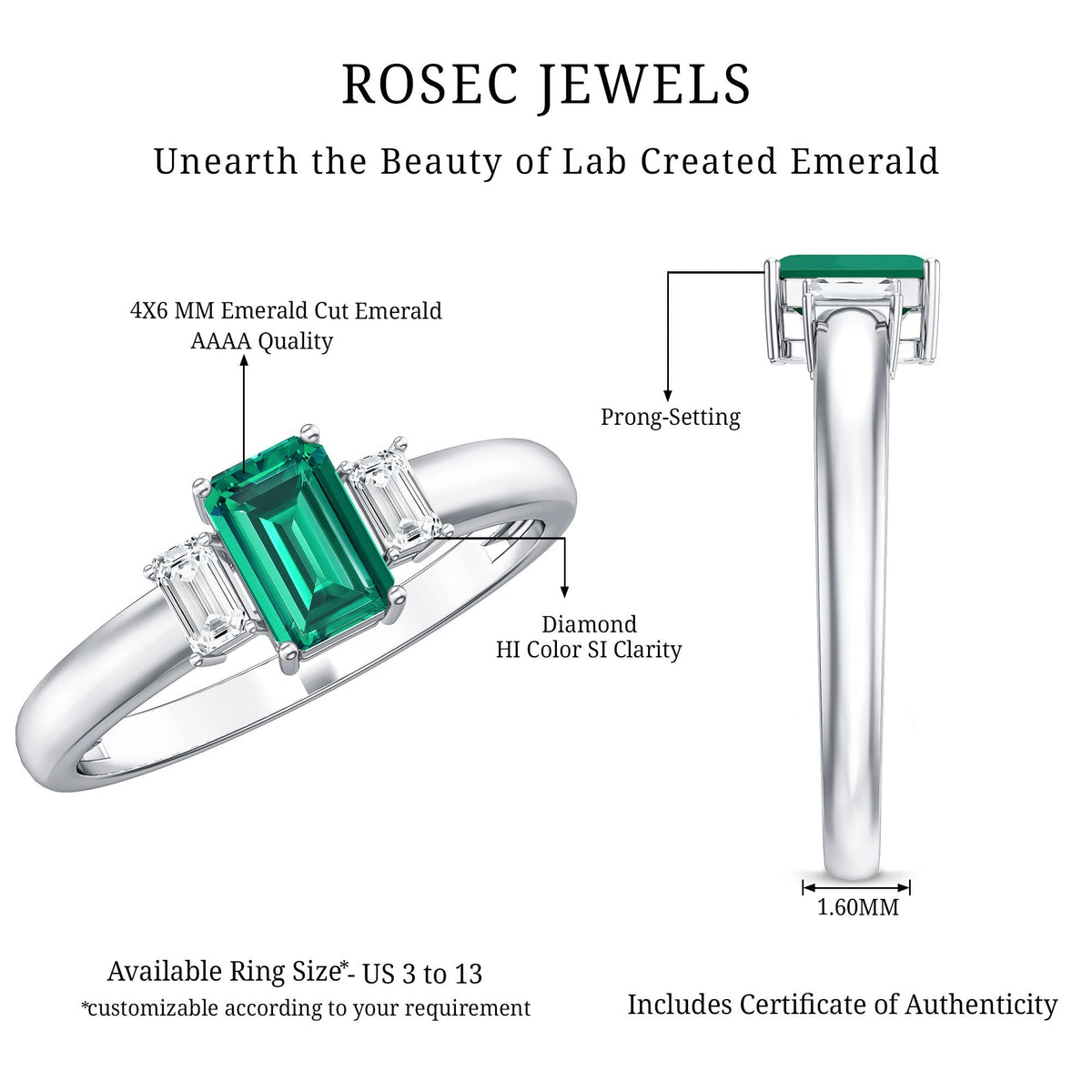 Emerald Promise Ring – Three Stone Ring with AAA Quality Emerald & Baguette Diamonds