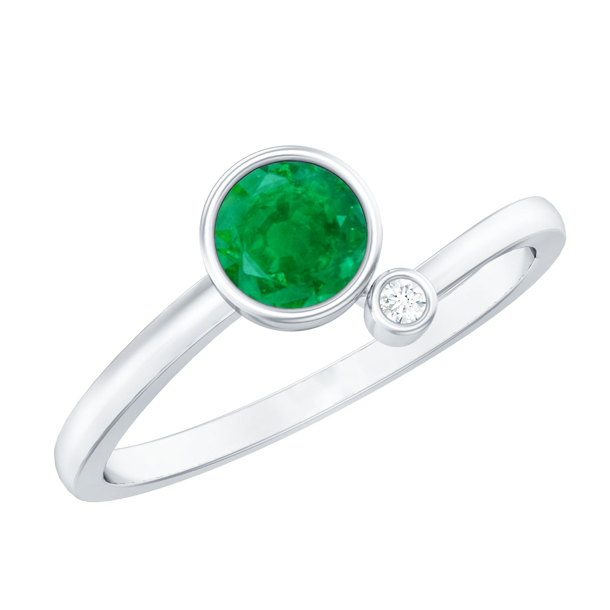 Emerald Promise Ring - Two Stone Bezel Set Ring with Round Cut Emerald & Lab Grown Diamond