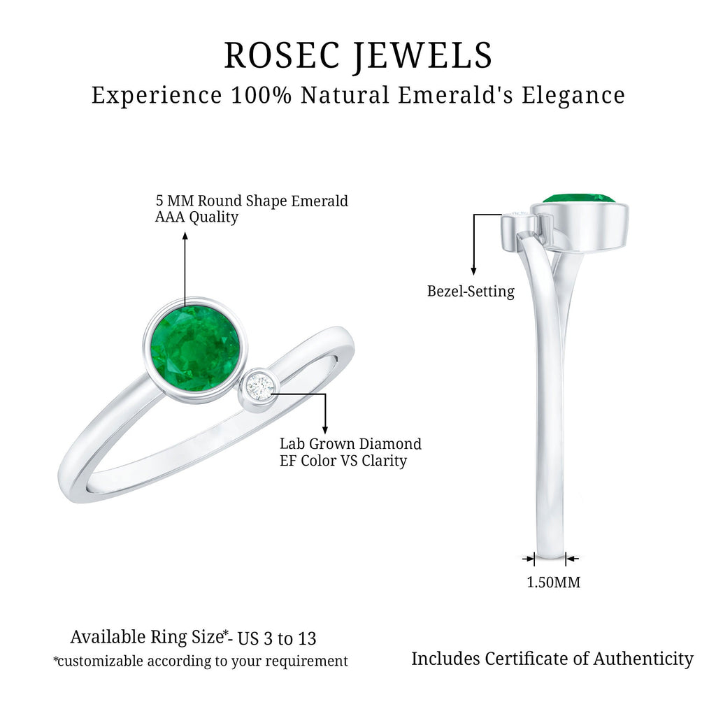Emerald Promise Ring - Two Stone Bezel Set Ring with Round Cut Emerald & Lab Grown Diamond