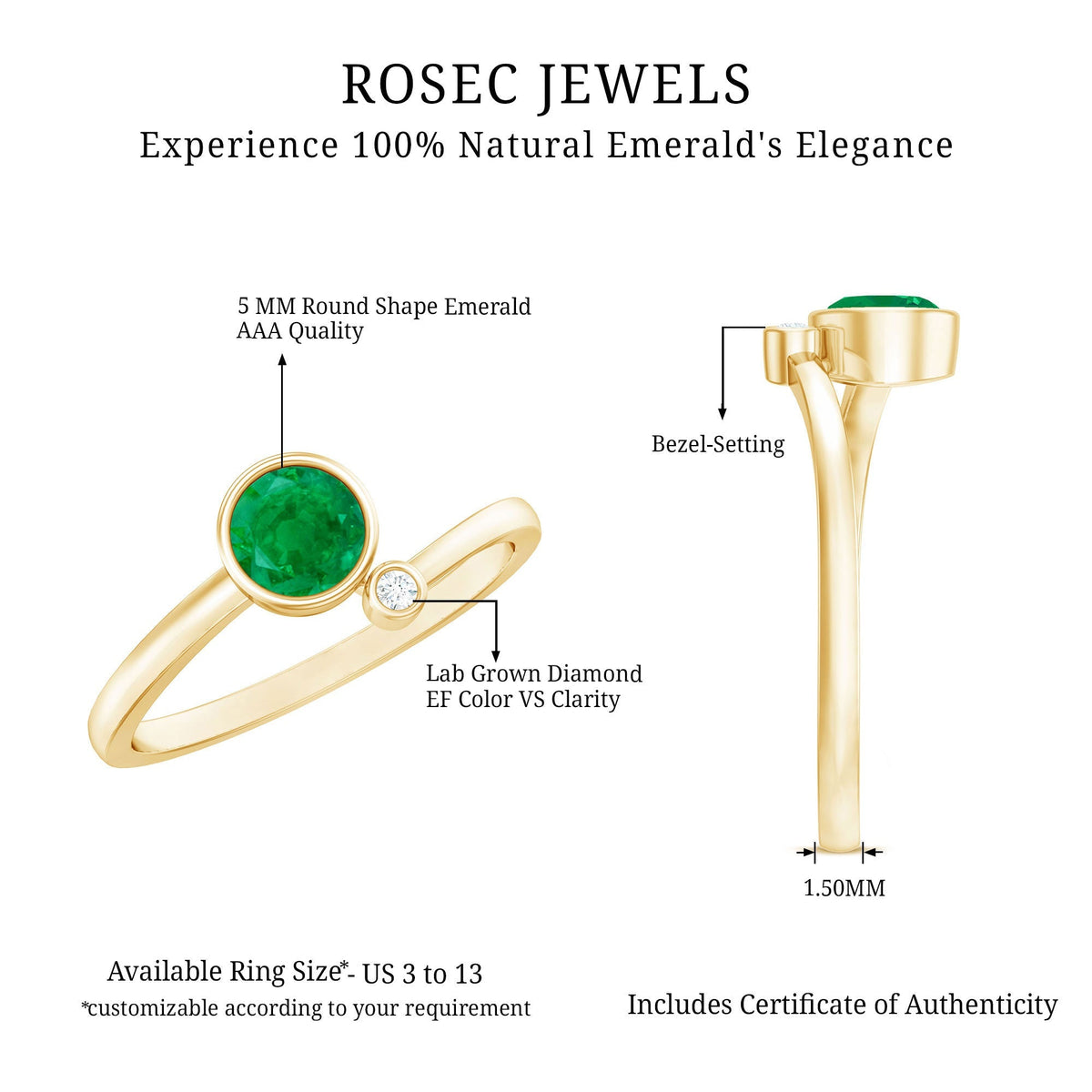 Emerald Promise Ring - Two Stone Bezel Set Ring with Round Cut Emerald & Lab Grown Diamond