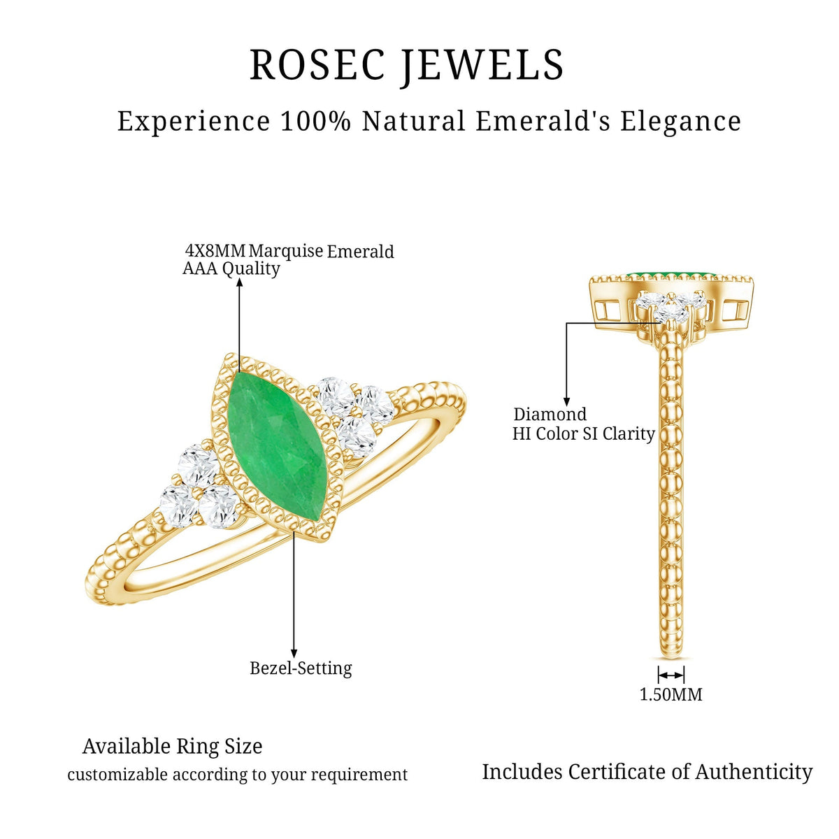 Emerald Promise Ring – Vintage Engagement Band With Marquise Emerald & Trio Diamonds