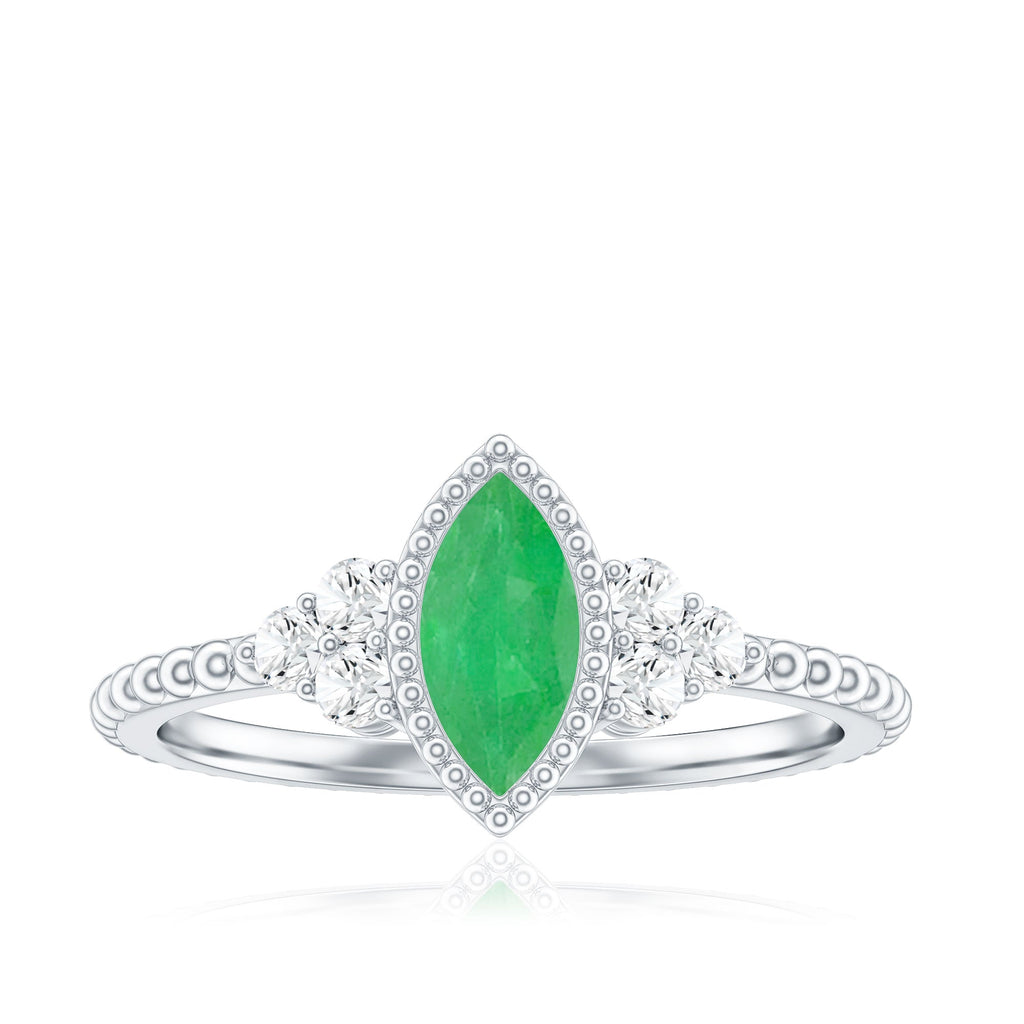 Emerald Promise Ring – Vintage Engagement Band With Marquise Emerald & Trio Diamonds
