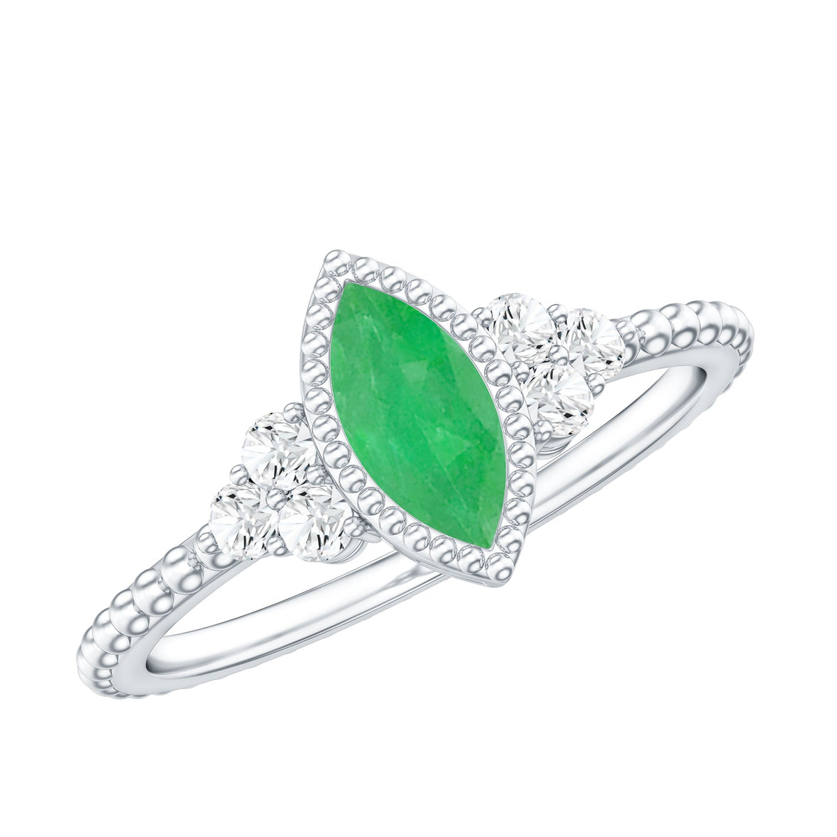 Emerald Promise Ring – Vintage Engagement Band With Marquise Emerald & Trio Diamonds