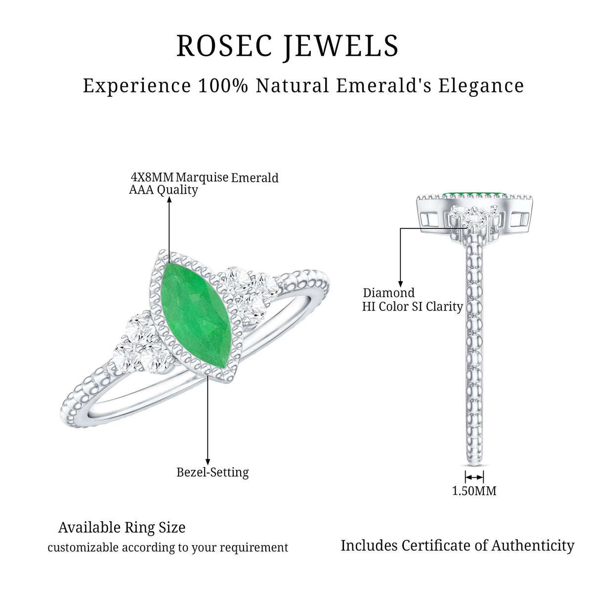 Emerald Promise Ring – Vintage Engagement Band With Marquise Emerald & Trio Diamonds