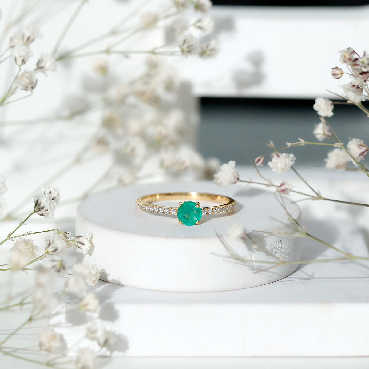 Emerald Promise Ring With Diamond Side Stones - Natural Round Cut Emerald Band