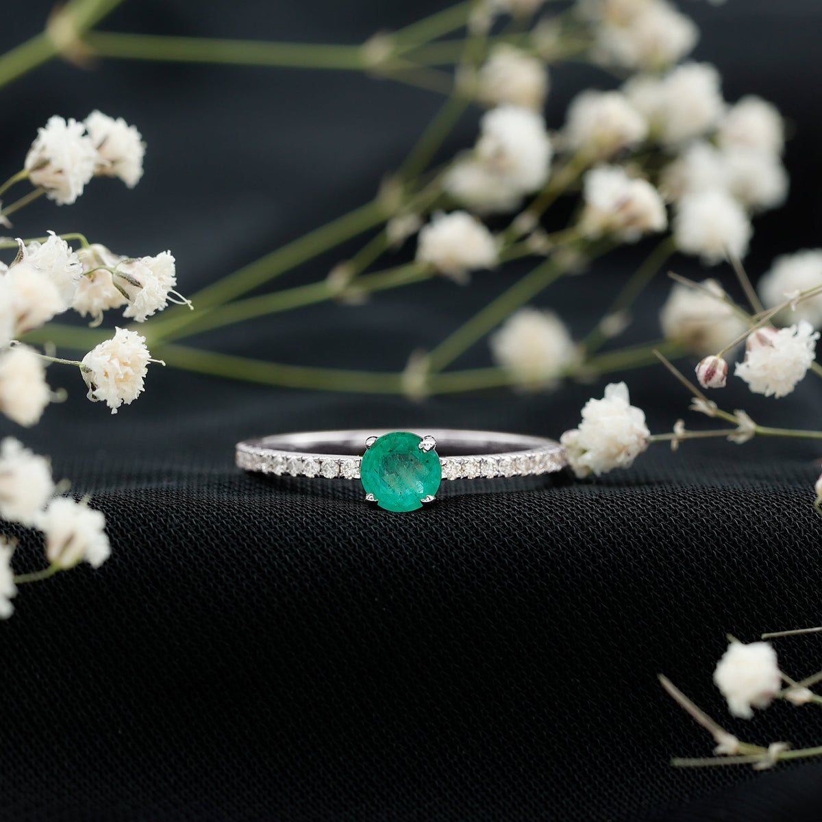 Emerald Promise Ring With Diamond Side Stones - Natural Round Cut Emerald Band