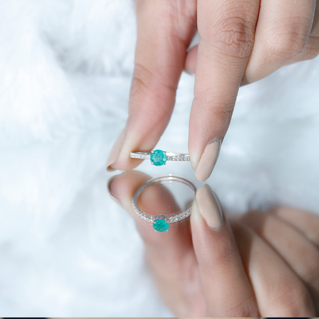 Emerald Promise Ring With Diamond Side Stones - Natural Round Cut Emerald Band