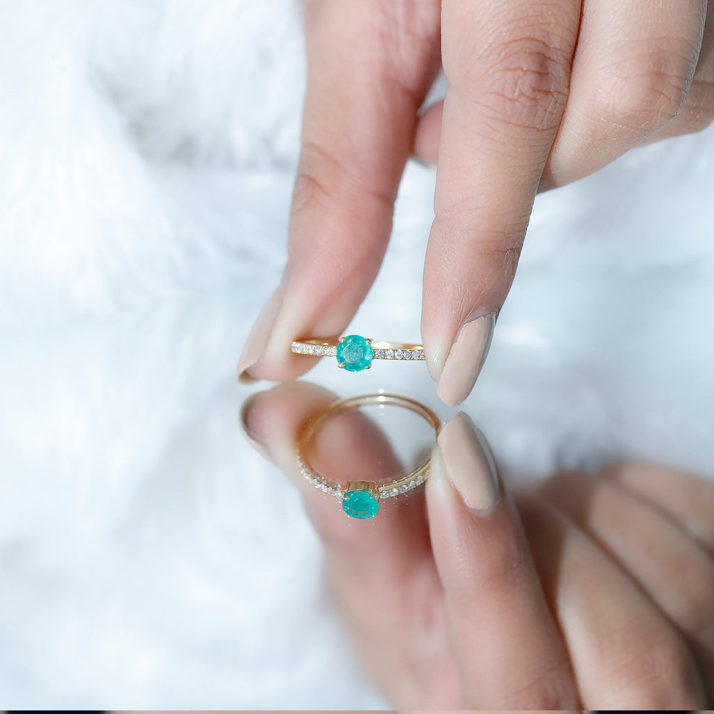 Emerald Promise Ring With Diamond Side Stones - Natural Round Cut Emerald Band