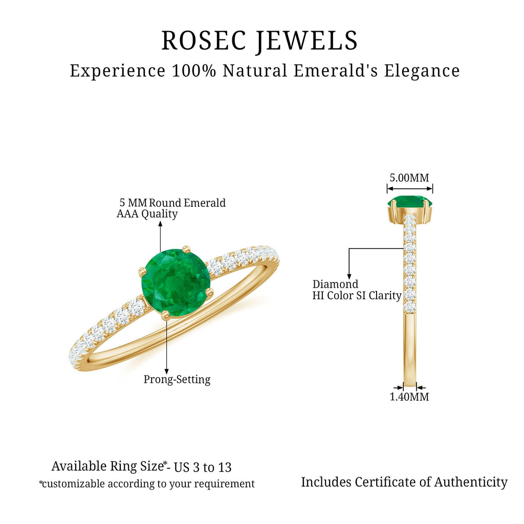 Emerald Promise Ring With Diamond Side Stones - Natural Round Cut Emerald Band