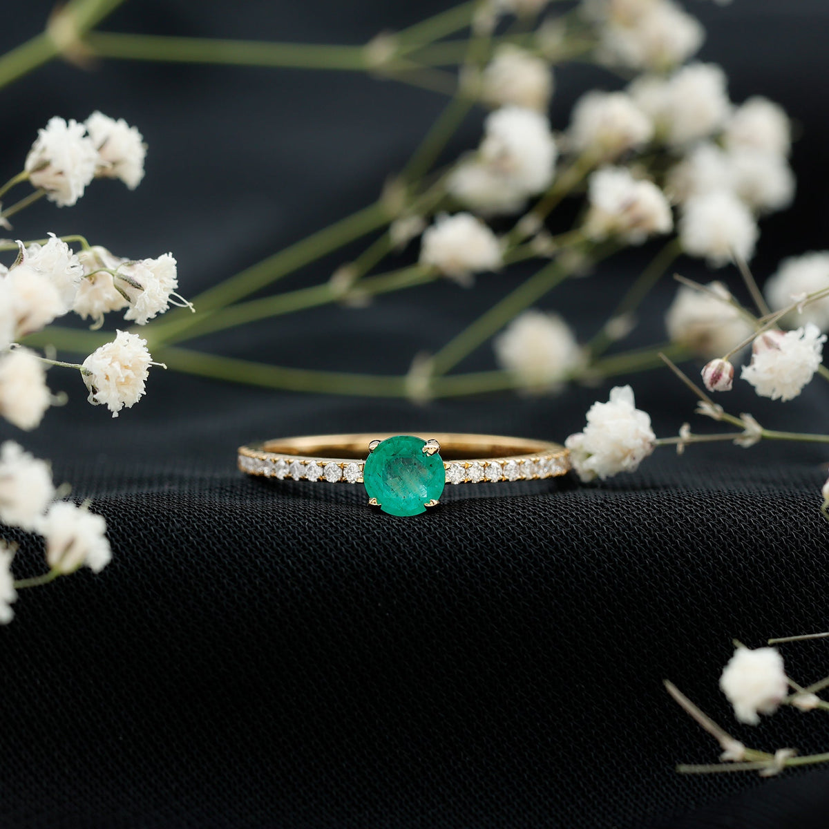 Emerald Promise Ring With Diamond Side Stones - Natural Round Cut Emerald Band