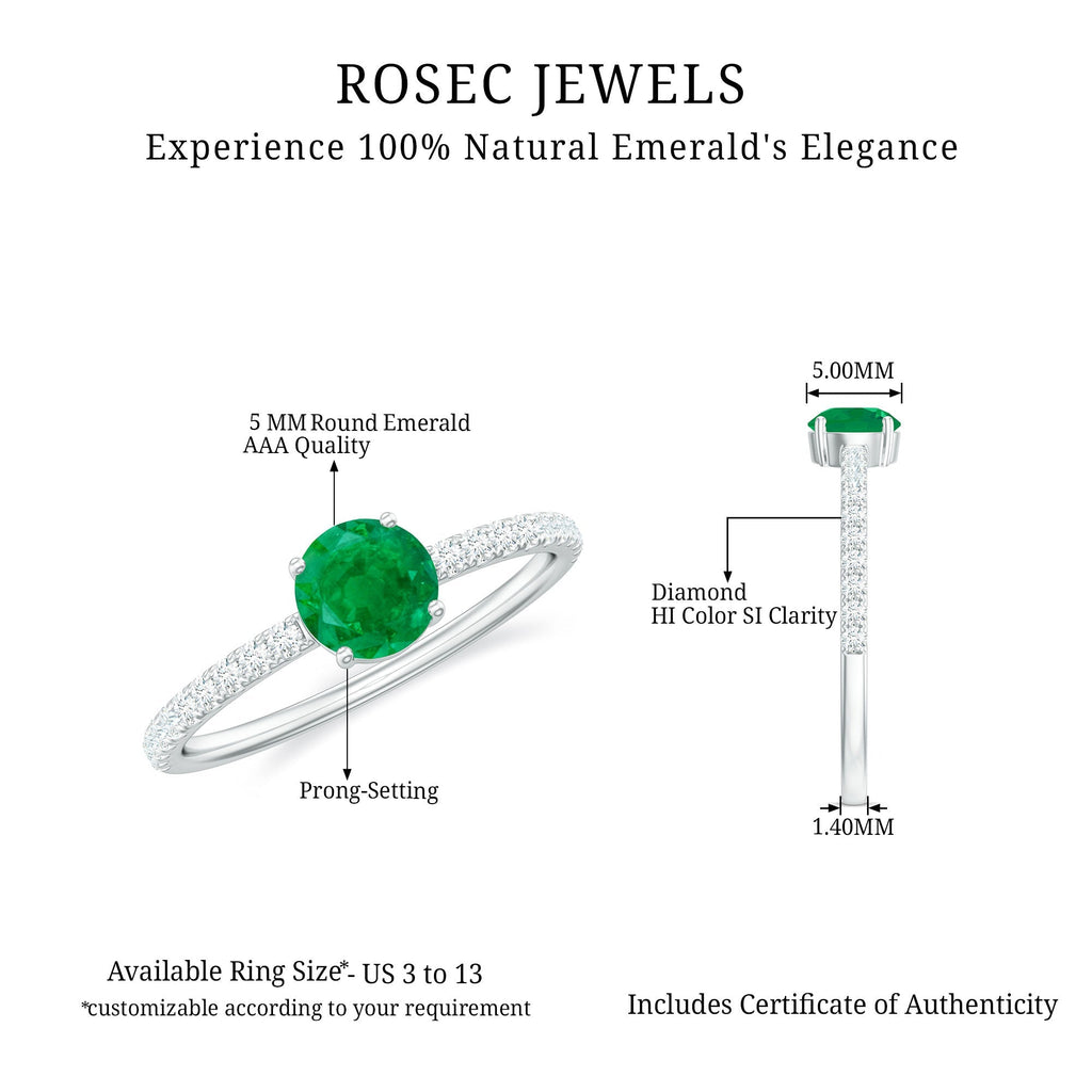 Emerald Promise Ring With Diamond Side Stones - Natural Round Cut Emerald Band