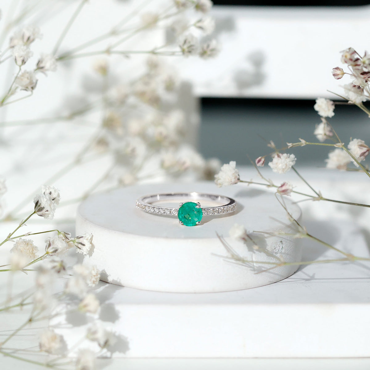 Emerald Promise Ring With Diamond Side Stones - Natural Round Cut Emerald Band