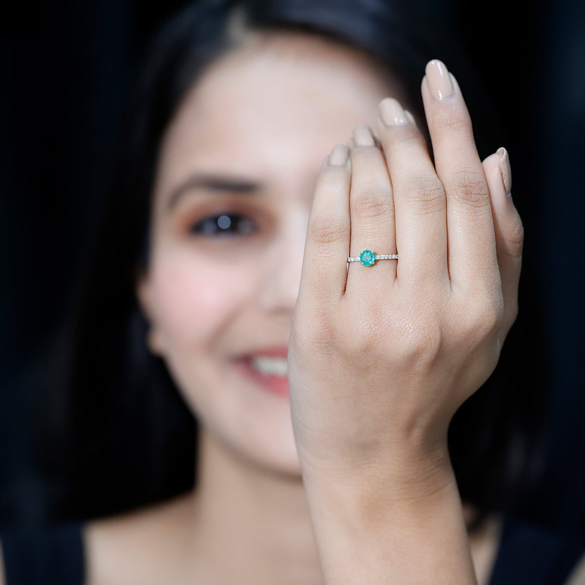 Emerald Promise Ring With Diamond Side Stones - Natural Round Cut Emerald Band