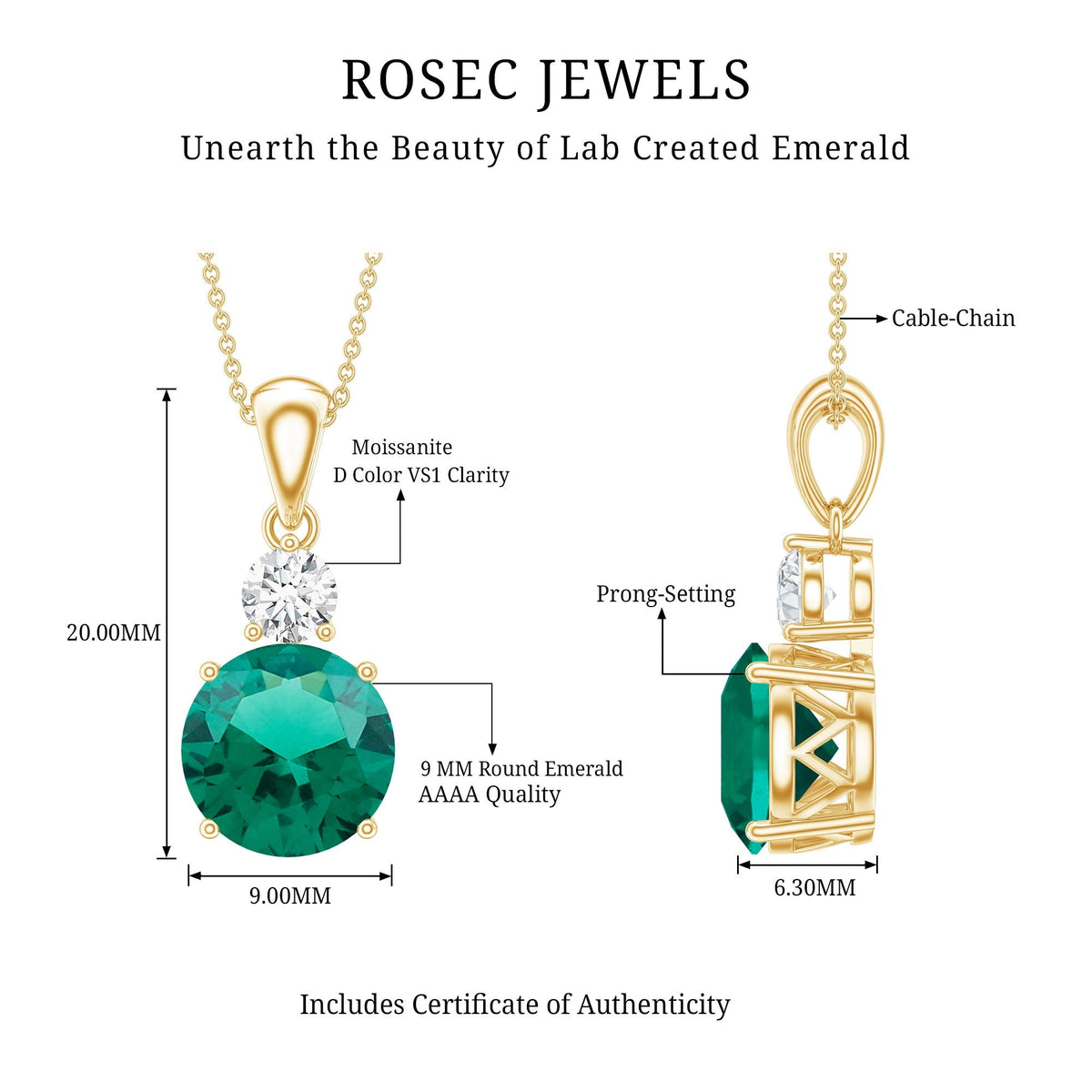 Emerald Solitaire Necklace – 2.75 Carat Lab Created Emerald Pendant | Silver Chain