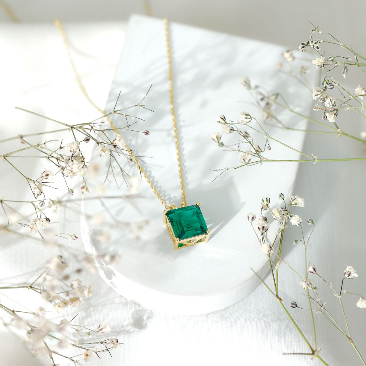 Emerald Solitaire Necklace – Lab Created 5 Carat Princess Cut Pendant With Basket Setting