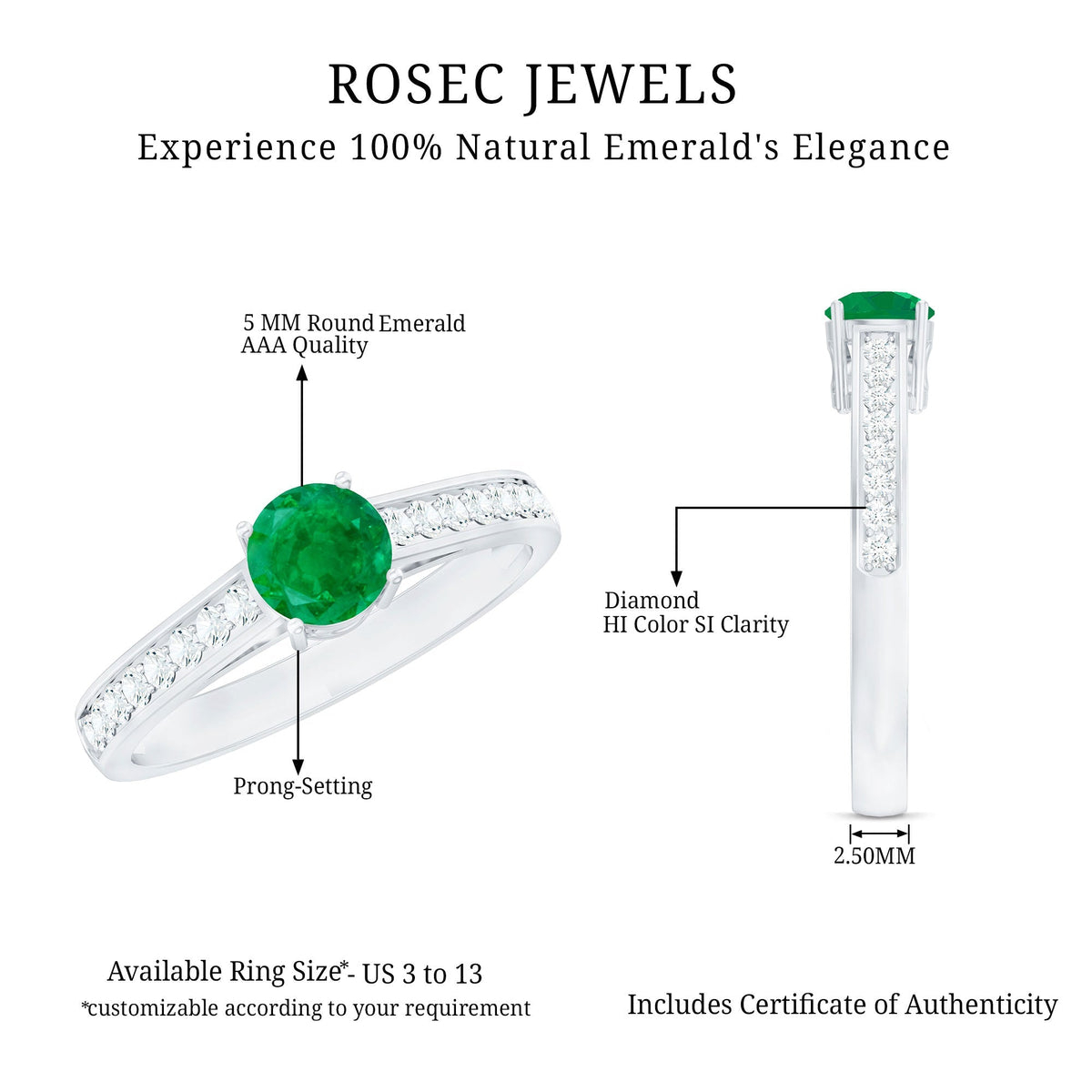 Emerald Solitaire Ring 5mm Genuine Emerald with Diamond Side Stones – Classic Engagement Band