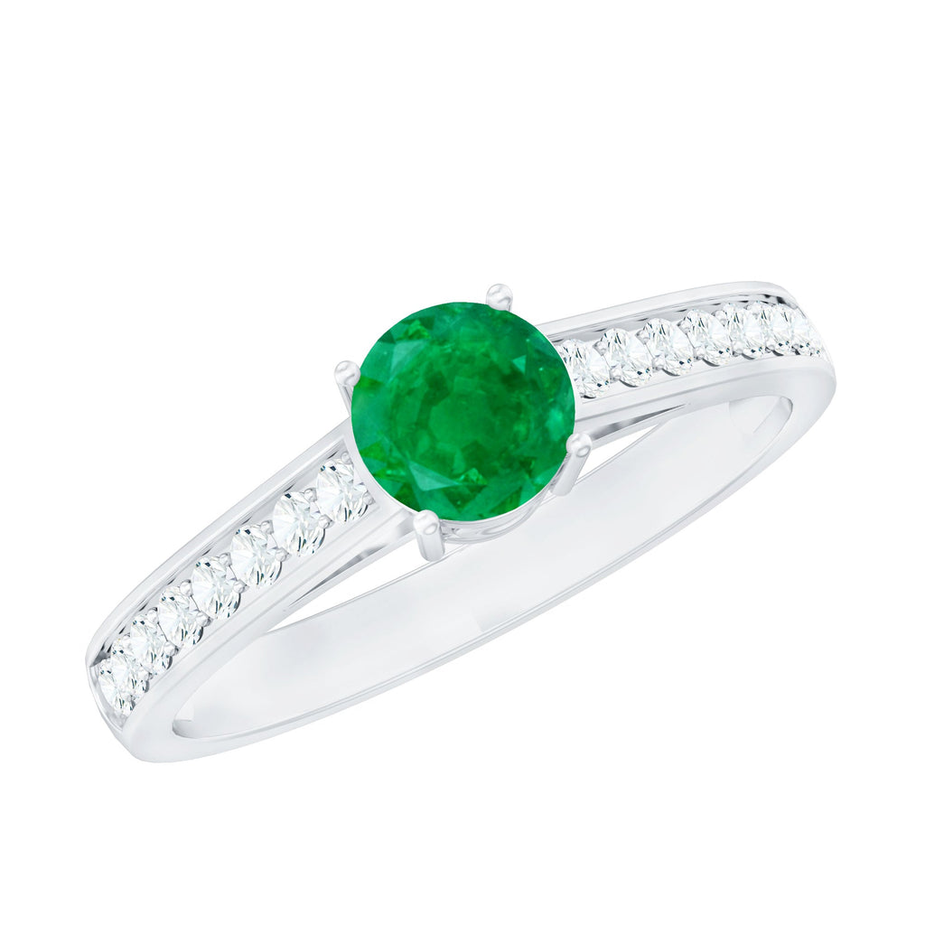 Emerald Solitaire Ring 5mm Genuine Emerald with Diamond Side Stones – Classic Engagement Band