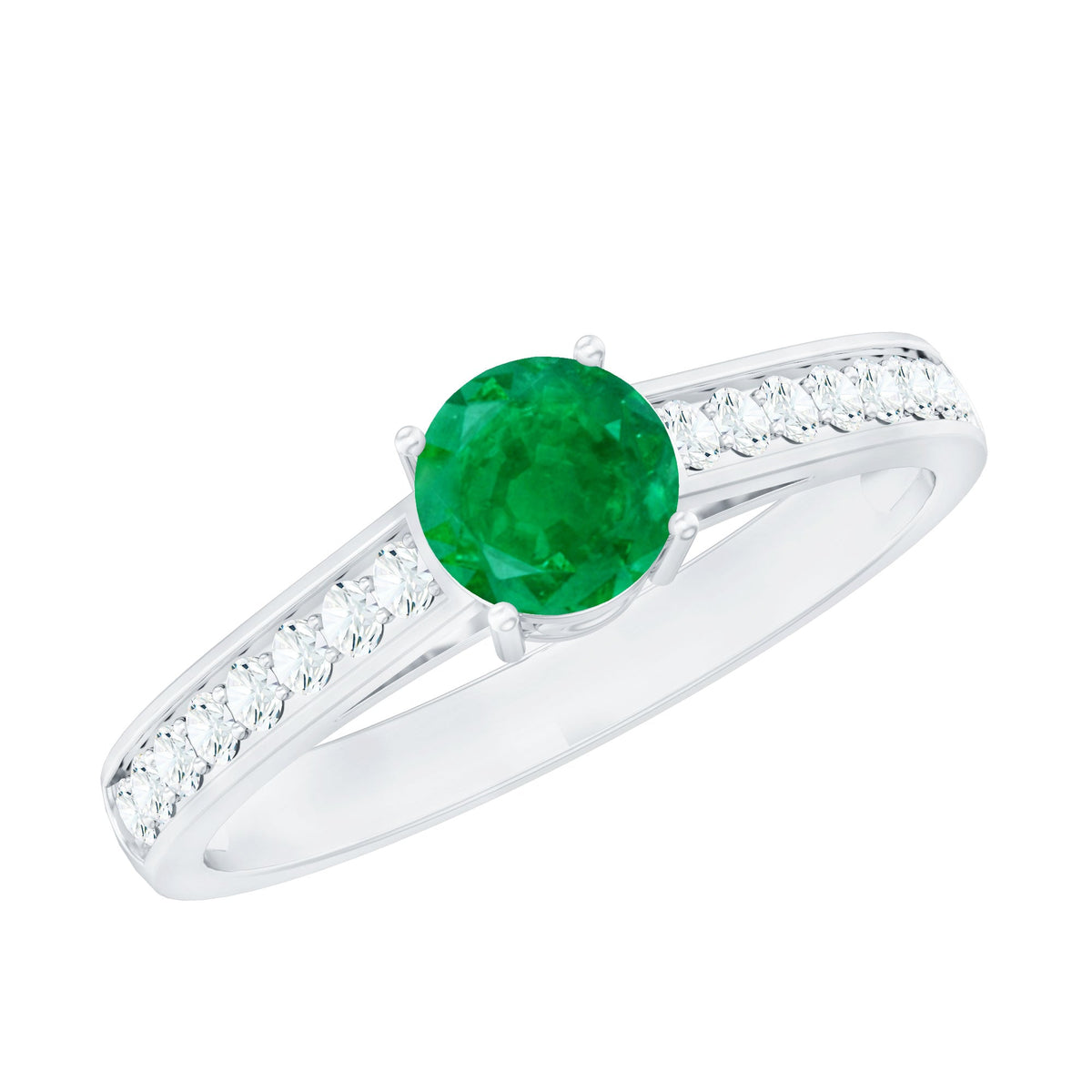 Emerald Solitaire Ring 5mm Genuine Emerald with Diamond Side Stones – Classic Engagement Band