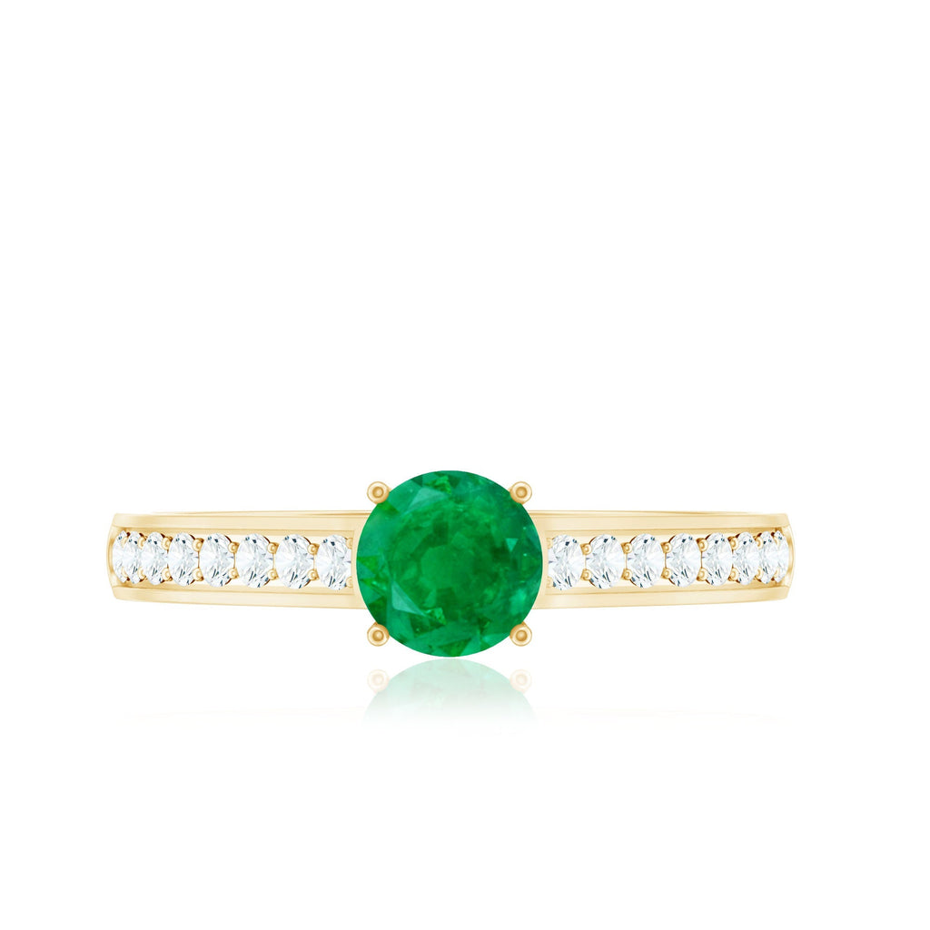 Emerald Solitaire Ring 5mm Genuine Emerald with Diamond Side Stones – Classic Engagement Band