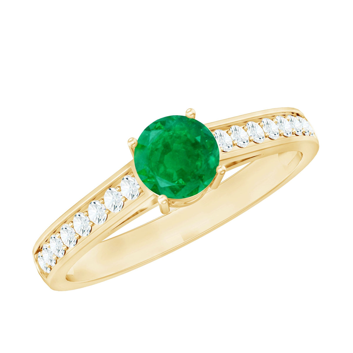 Emerald Solitaire Ring 5mm Genuine Emerald with Diamond Side Stones – Classic Engagement Band