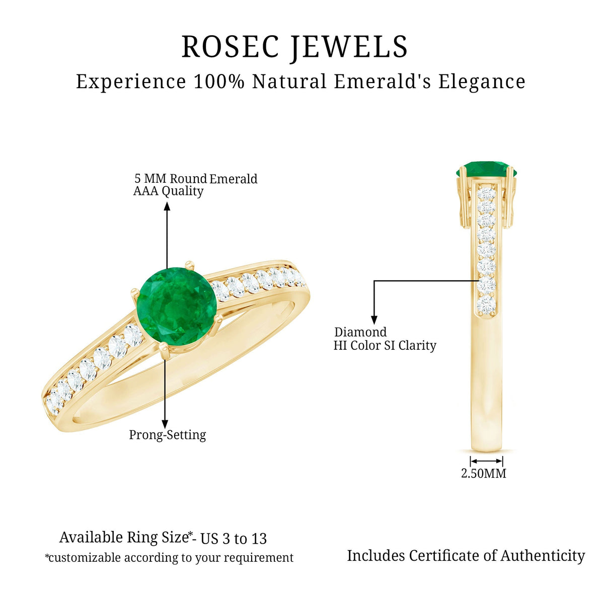 Emerald Solitaire Ring 5mm Genuine Emerald with Diamond Side Stones – Classic Engagement Band