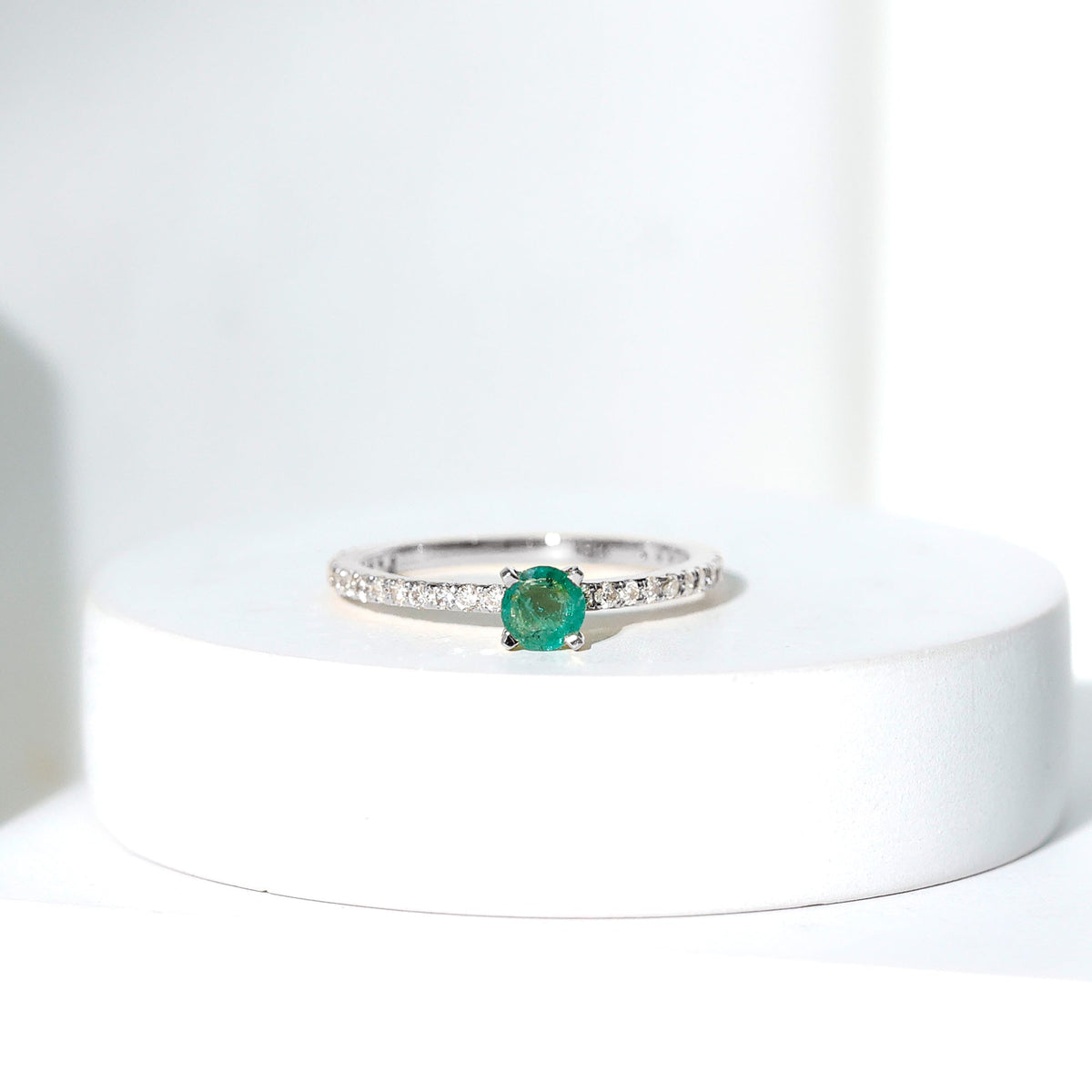 Emerald Solitaire Ring – Dainty 0.49 Ct Emerald Center Stone with French Pavé Diamond Band