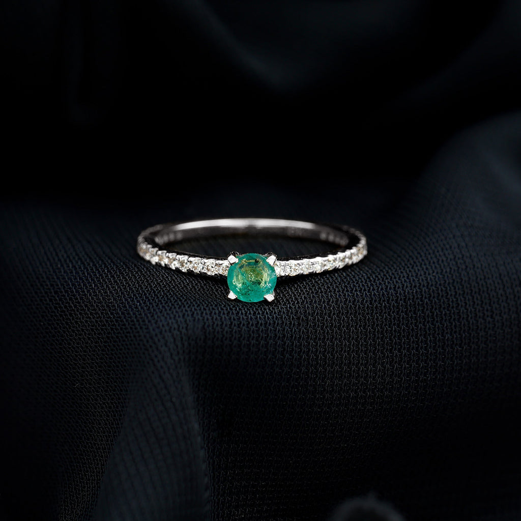 Emerald Solitaire Ring – Dainty 0.49 Ct Emerald Center Stone with French Pavé Diamond Band