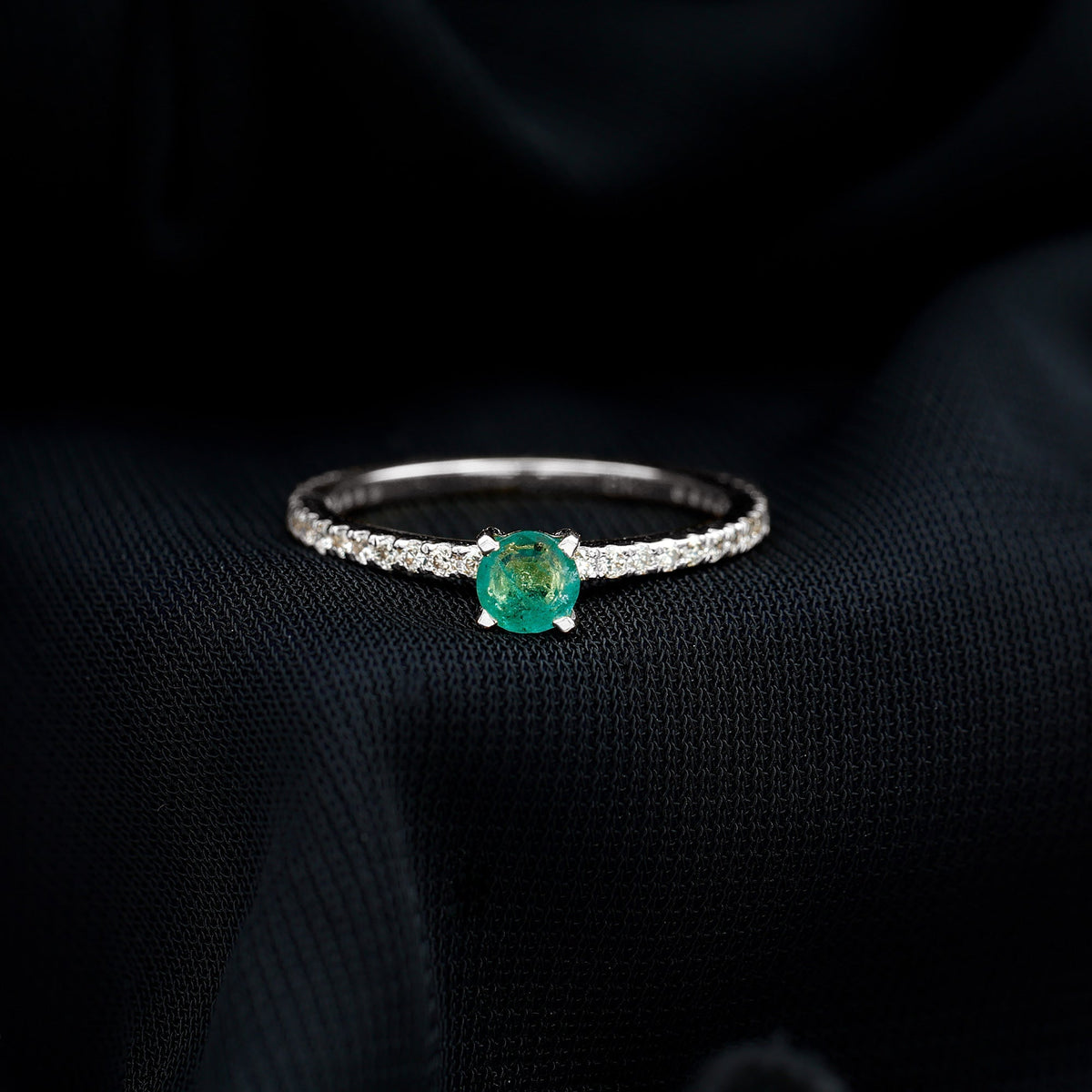 Emerald Solitaire Ring – Dainty 0.49 Ct Emerald Center Stone with French Pavé Diamond Band