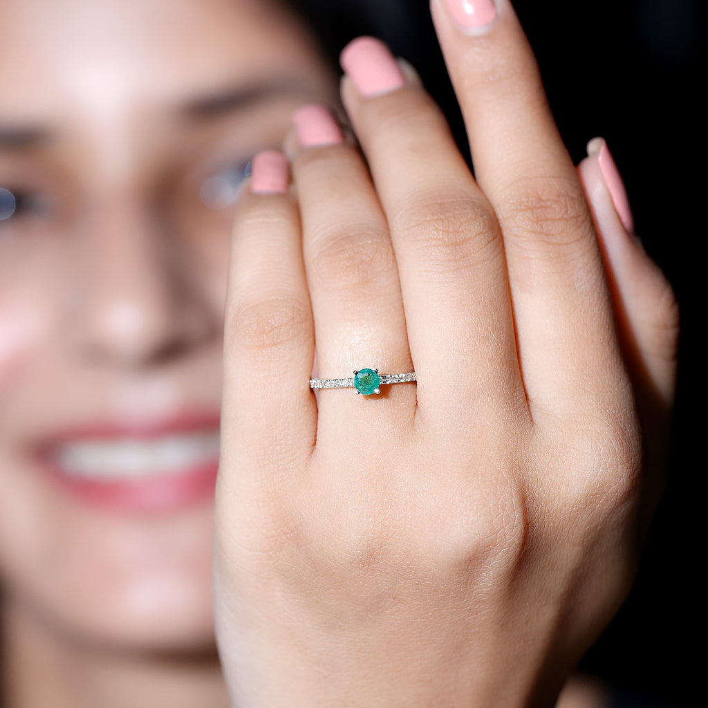 Emerald Solitaire Ring – Dainty 0.49 Ct Emerald Center Stone with French Pavé Diamond Band