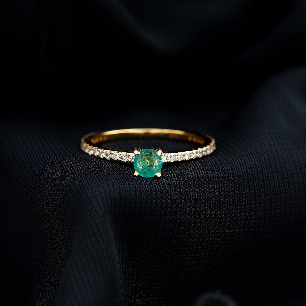 Emerald Solitaire Ring – Dainty 0.49 Ct Emerald Center Stone with French Pavé Diamond Band