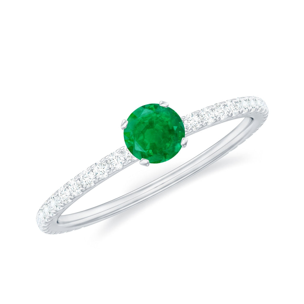 Emerald Solitaire Ring – Dainty 0.49 Ct Emerald Center Stone with French Pavé Diamond Band