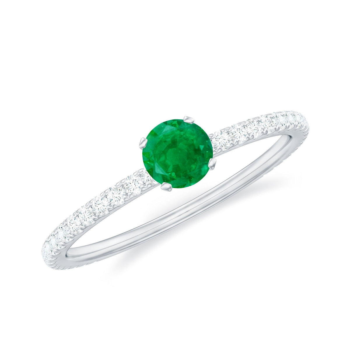 Emerald Solitaire Ring – Dainty 0.49 Ct Emerald Center Stone with French Pavé Diamond Band