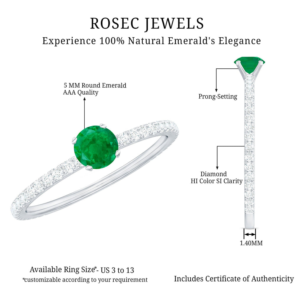 Emerald Solitaire Ring – Dainty 0.49 Ct Emerald Center Stone with French Pavé Diamond Band