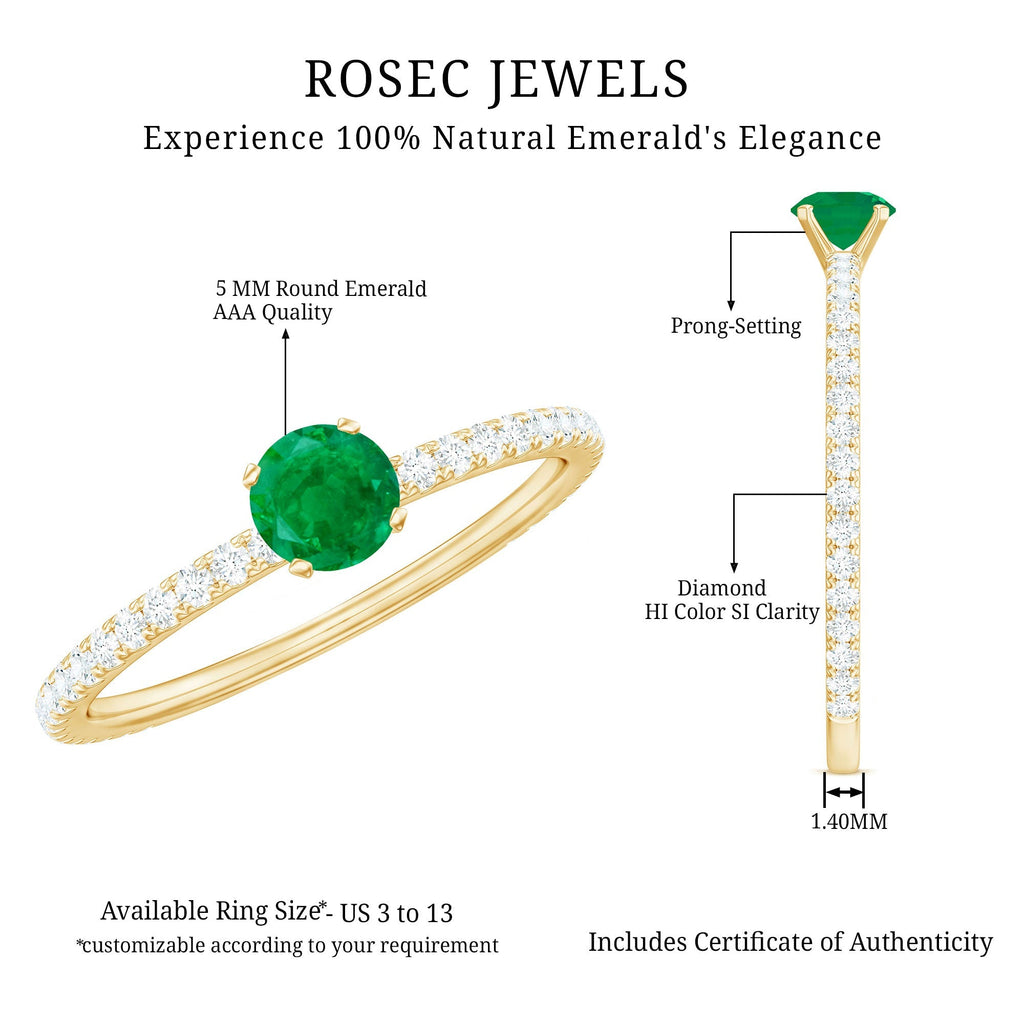 Emerald Solitaire Ring – Dainty 0.49 Ct Emerald Center Stone with French Pavé Diamond Band