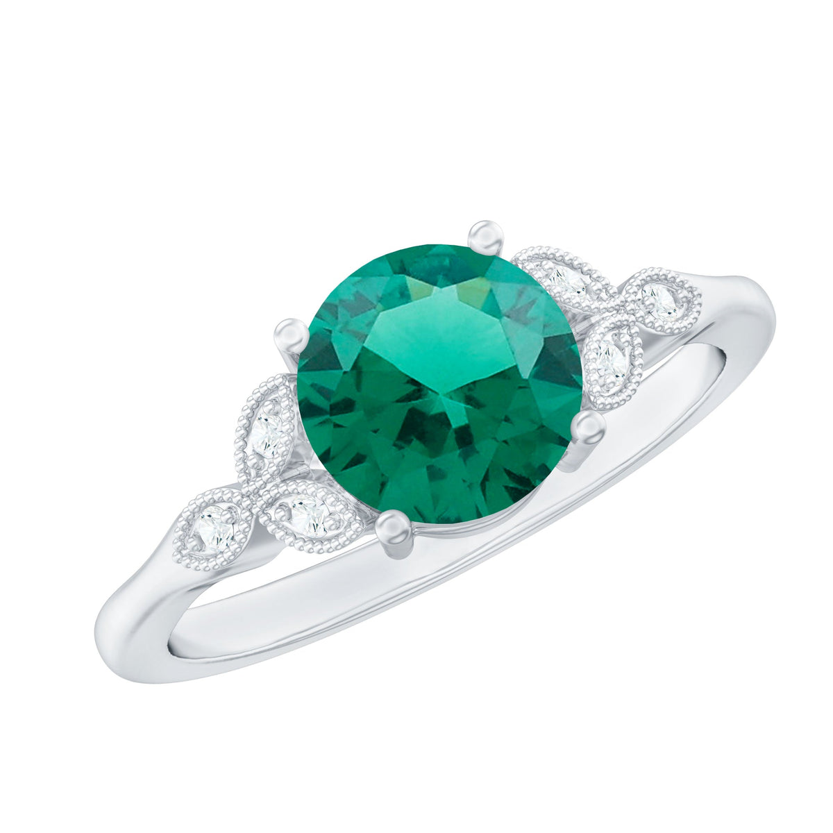 Emerald Solitaire Ring – Lab Created Emerald Diamond Trio Setting With Beaded Detailing