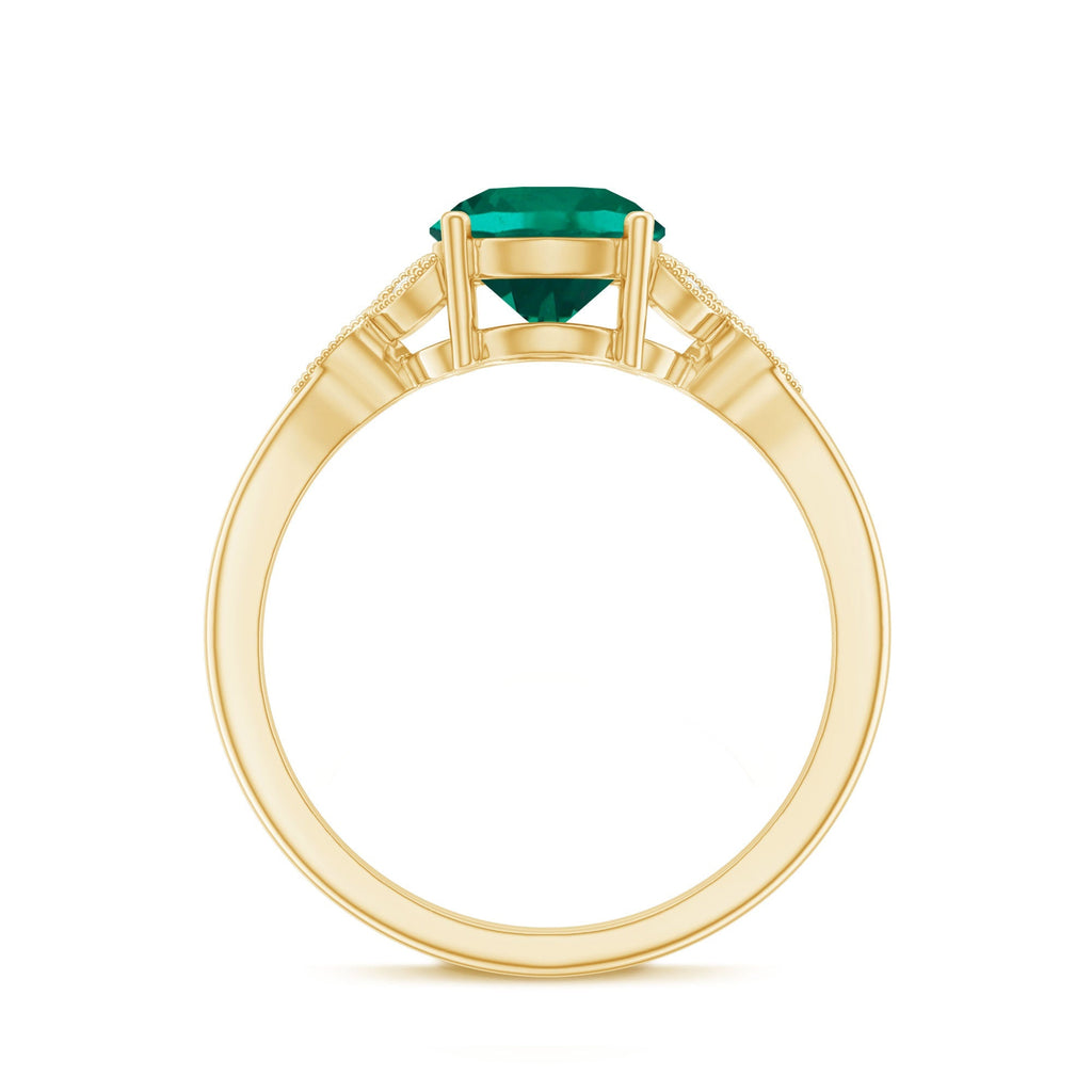 Emerald Solitaire Ring – Lab Created Emerald Diamond Trio Setting With Beaded Detailing