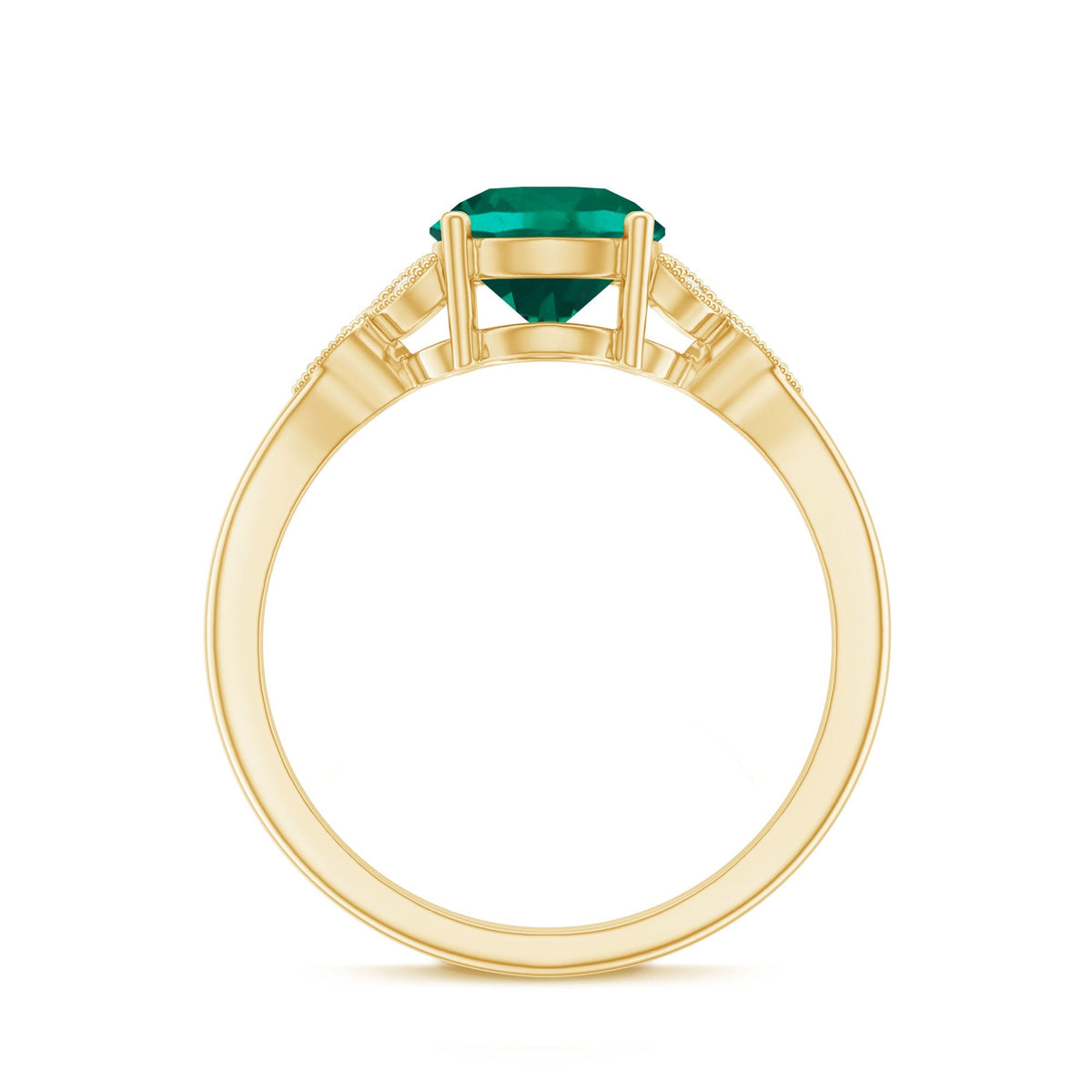 Emerald Solitaire Ring – Lab Created Emerald Diamond Trio Setting With Beaded Detailing