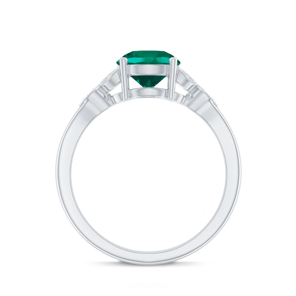 Emerald Solitaire Ring – Lab Created Emerald Diamond Trio Setting With Beaded Detailing