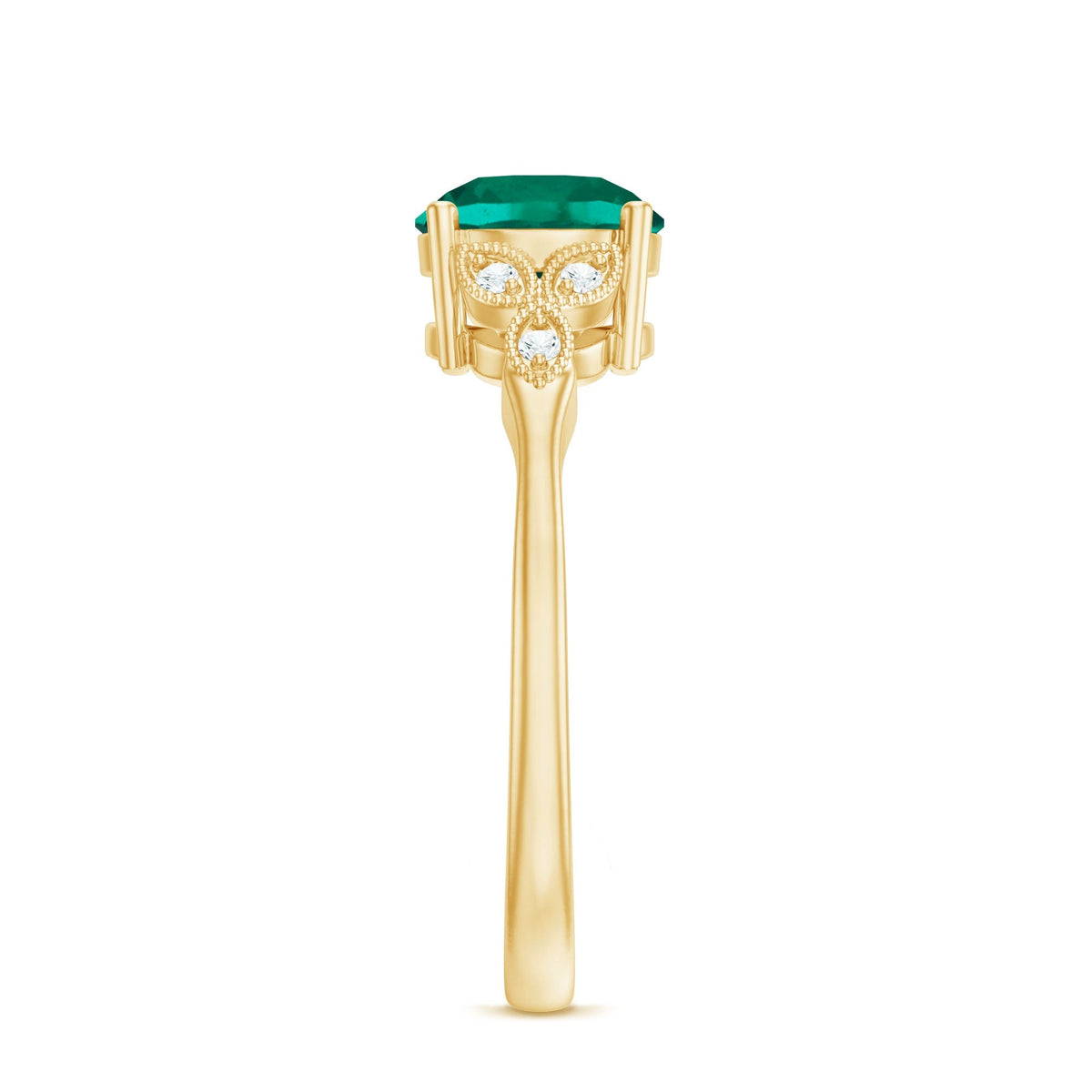 Emerald Solitaire Ring – Lab Created Emerald Diamond Trio Setting With Beaded Detailing