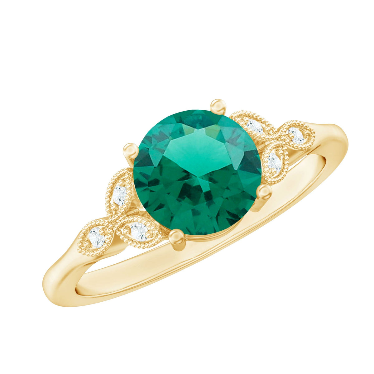 Emerald Solitaire Ring – Lab Created Emerald Diamond Trio Setting With Beaded Detailing