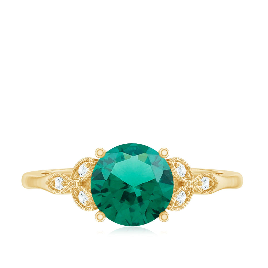 Emerald Solitaire Ring – Lab Created Emerald Diamond Trio Setting With Beaded Detailing