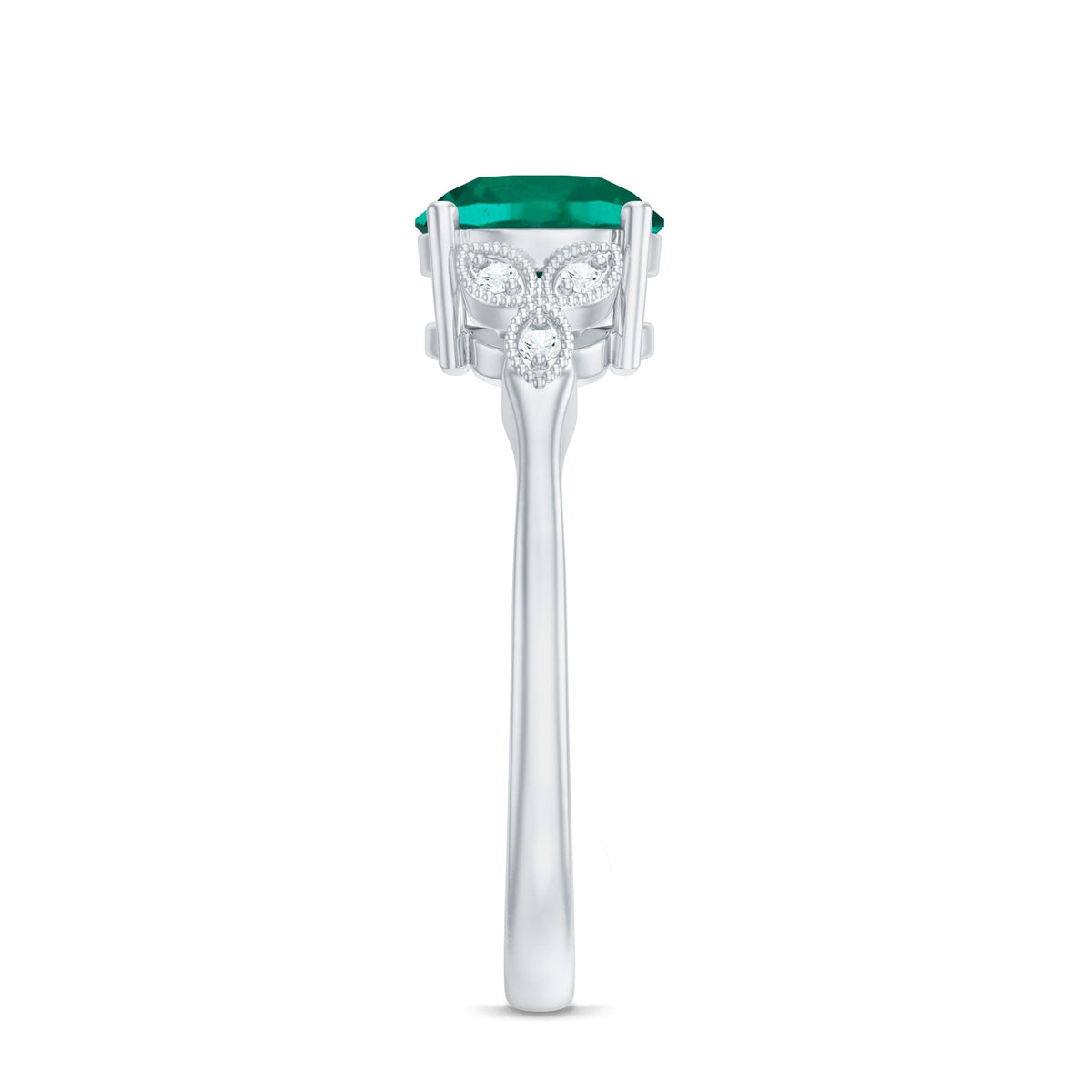 Emerald Solitaire Ring – Lab Created Emerald Diamond Trio Setting With Beaded Detailing