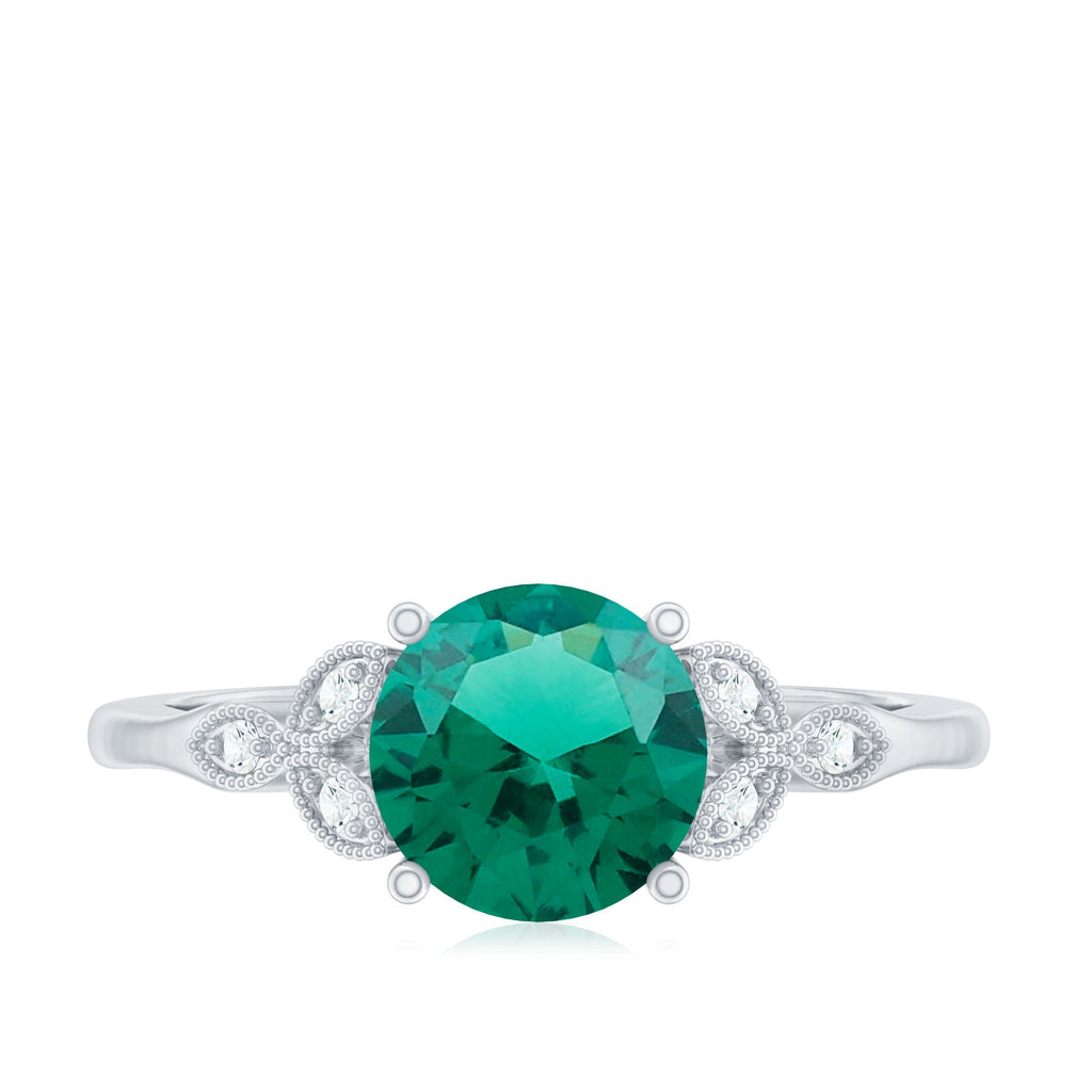 Emerald Solitaire Ring – Lab Created Emerald Diamond Trio Setting With Beaded Detailing